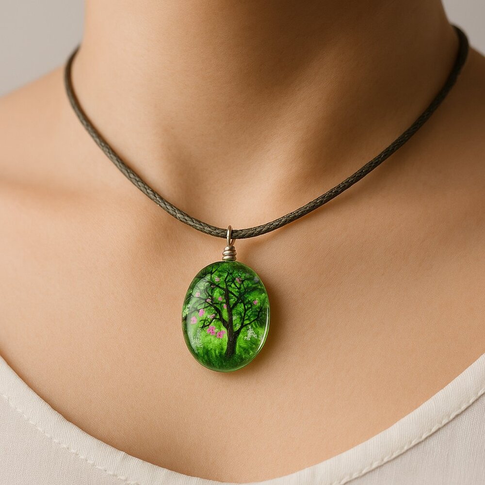 Oval Resin Green Tree Pendant Necklace - 18" Green Cord Fashion Jewelry